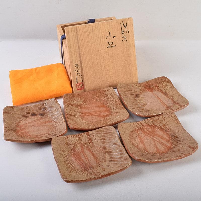 和食器　火襷　小皿　四方皿　銘々皿　五客　在銘　共箱　V　R9280