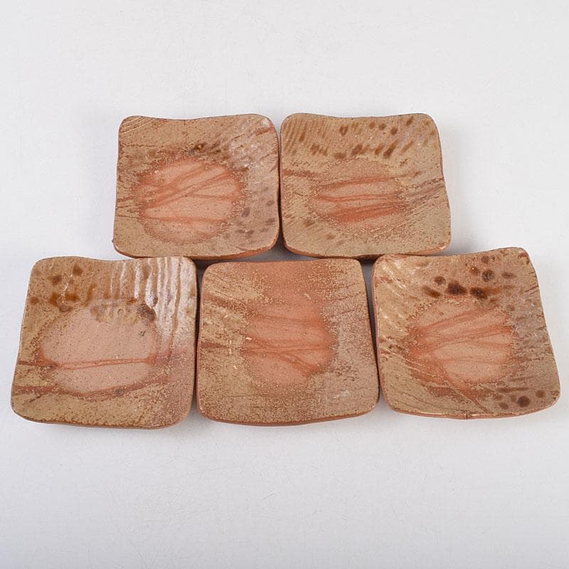 和食器　火襷　小皿　四方皿　銘々皿　五客　在銘　共箱　V　R9280