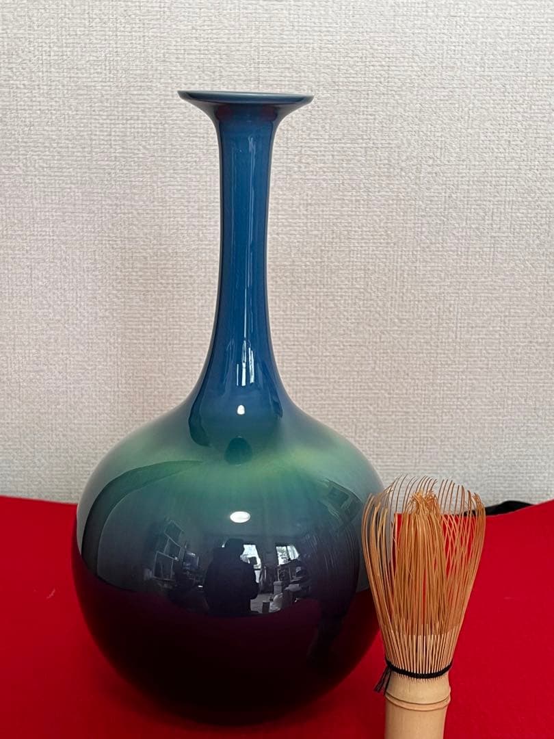 柳雨軒 三代 人間国宝 徳田八十吉（正彦銘）碧明釉 花生 T227 一輪挿し