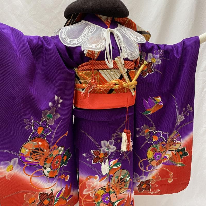 411ag80◎七五三 七歳 女児 着物&袋帯&長襦袢 古典柄 鼓鴛鴦花 紫◎