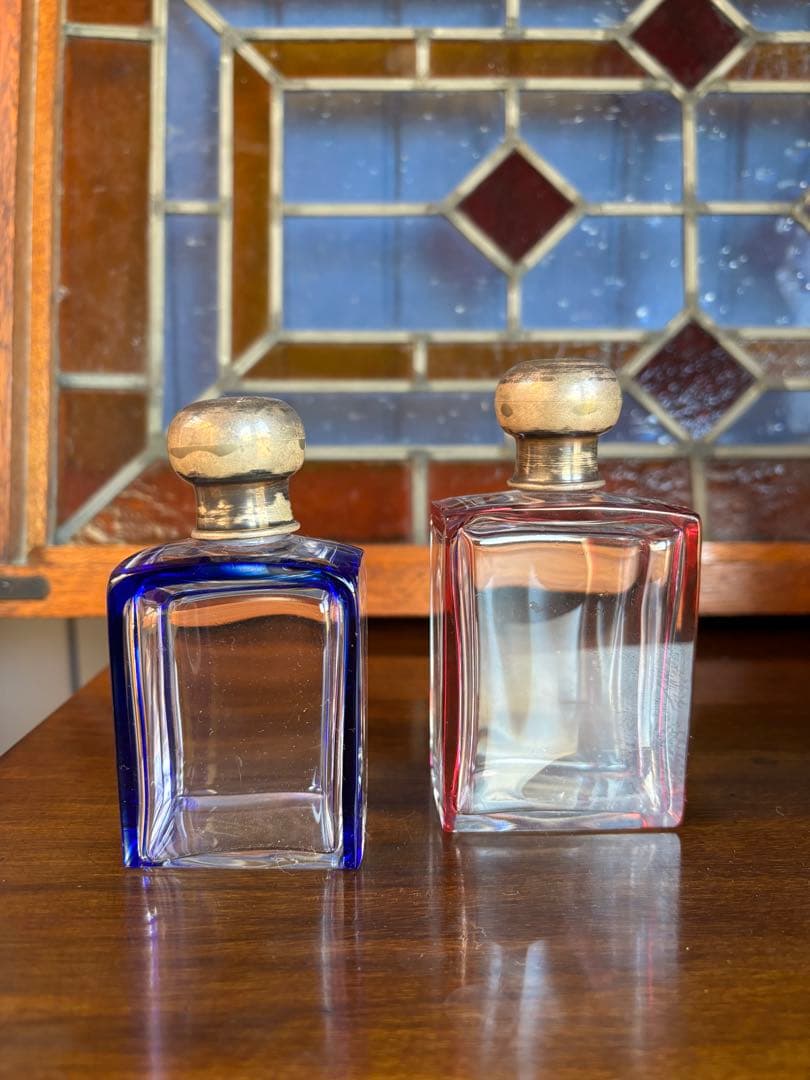 フランス アンティーク ガラス香水瓶 2点セット ブルー&レッド エッチング