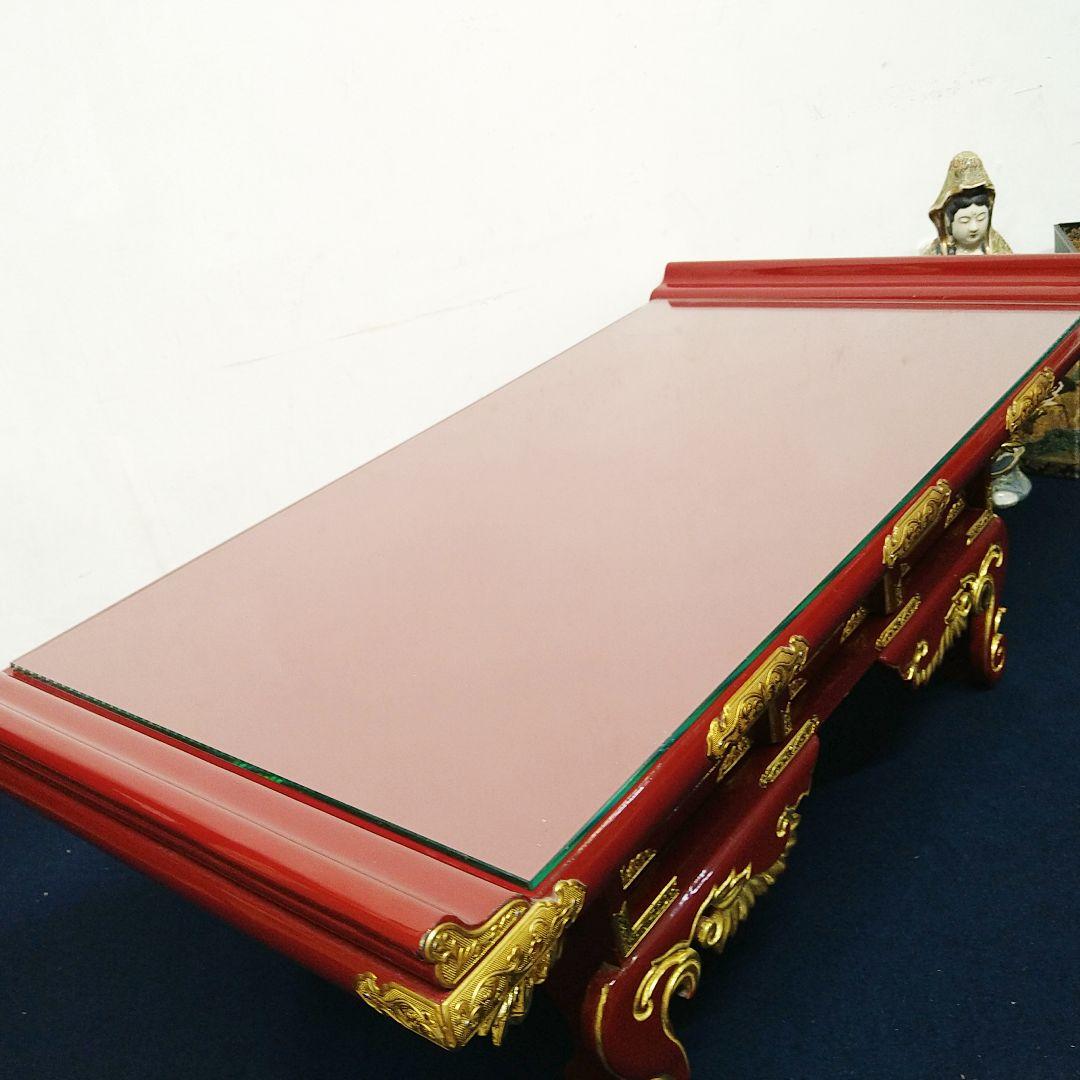 A729 経机 赤塗 朱塗 金箔鍍金 供物台 仏壇前机 木製 天板 ガラス付