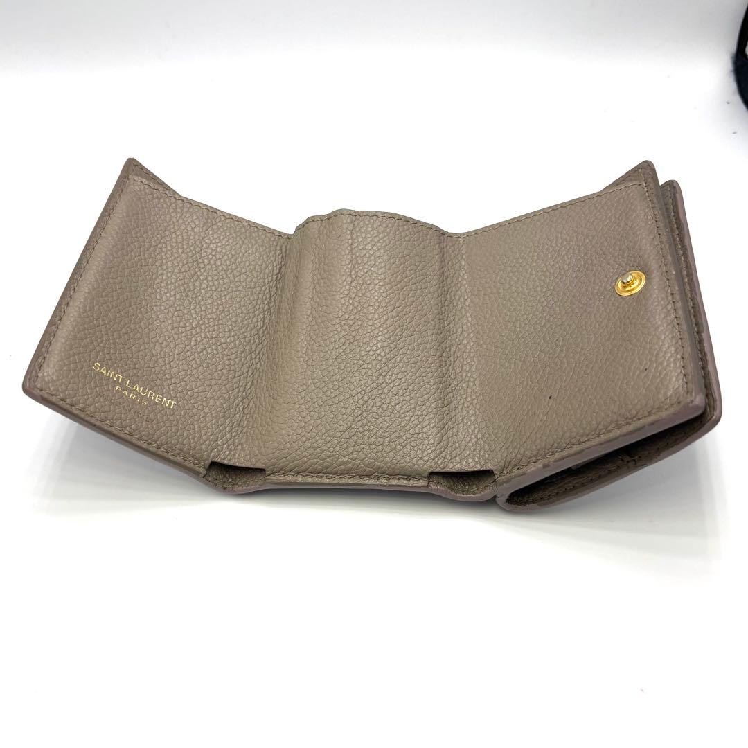 サンローラン 三つ折り財布 グレージュ レザー ゴールドロゴ コンパクトリペア品