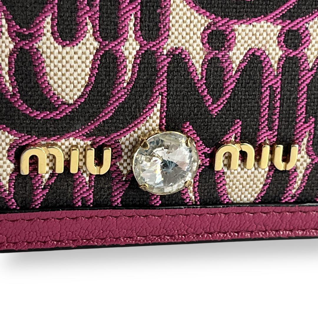 ミュウミュウ　二つ折り財布　MMパリス　マドラス　ジャガード　ビジュー　ロゴ