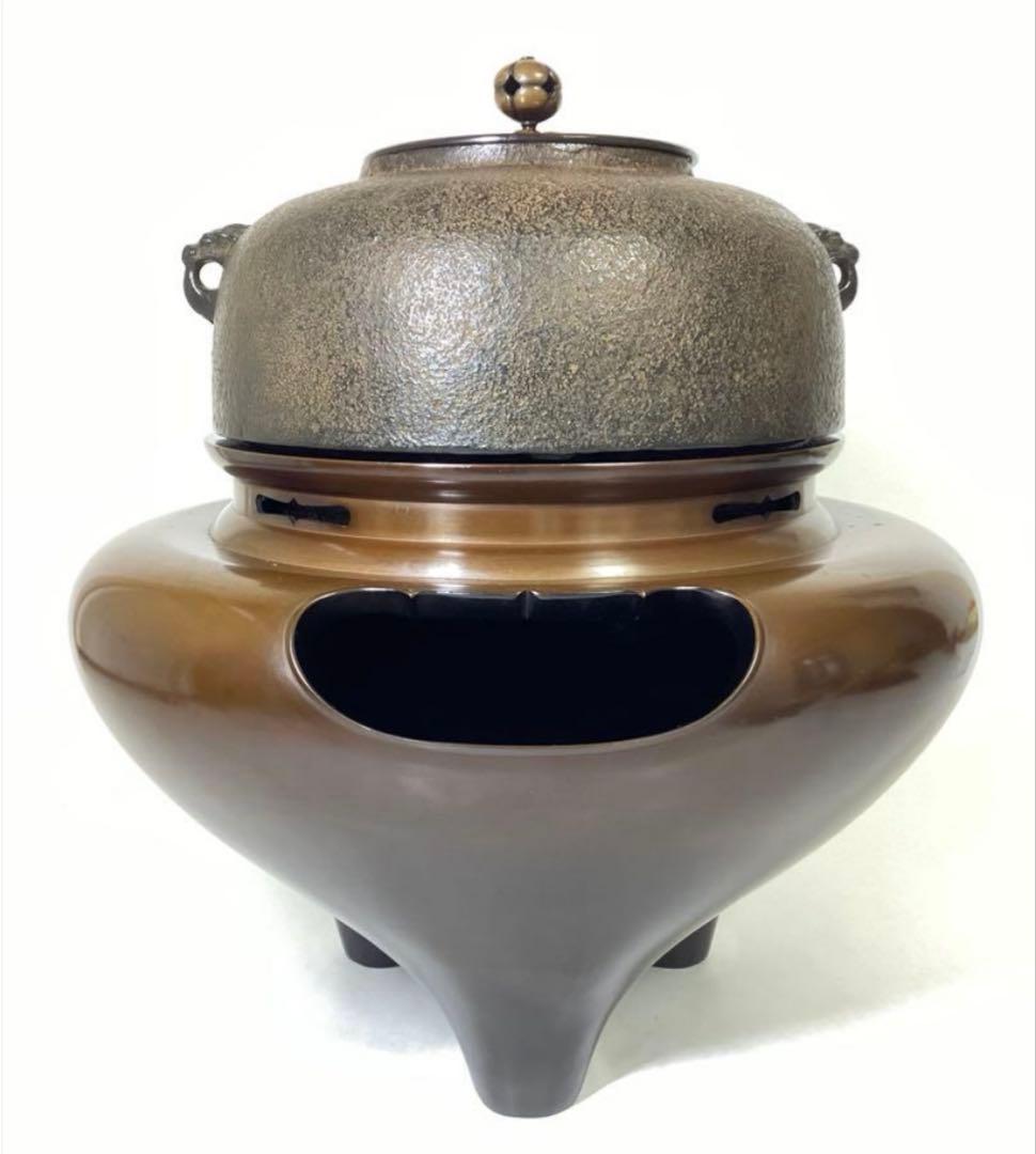 茶道具 古物品 唐銅朝鮮風炉 平丸釜添 釜師 喜左衛門 風炉師 宗喜 小板付