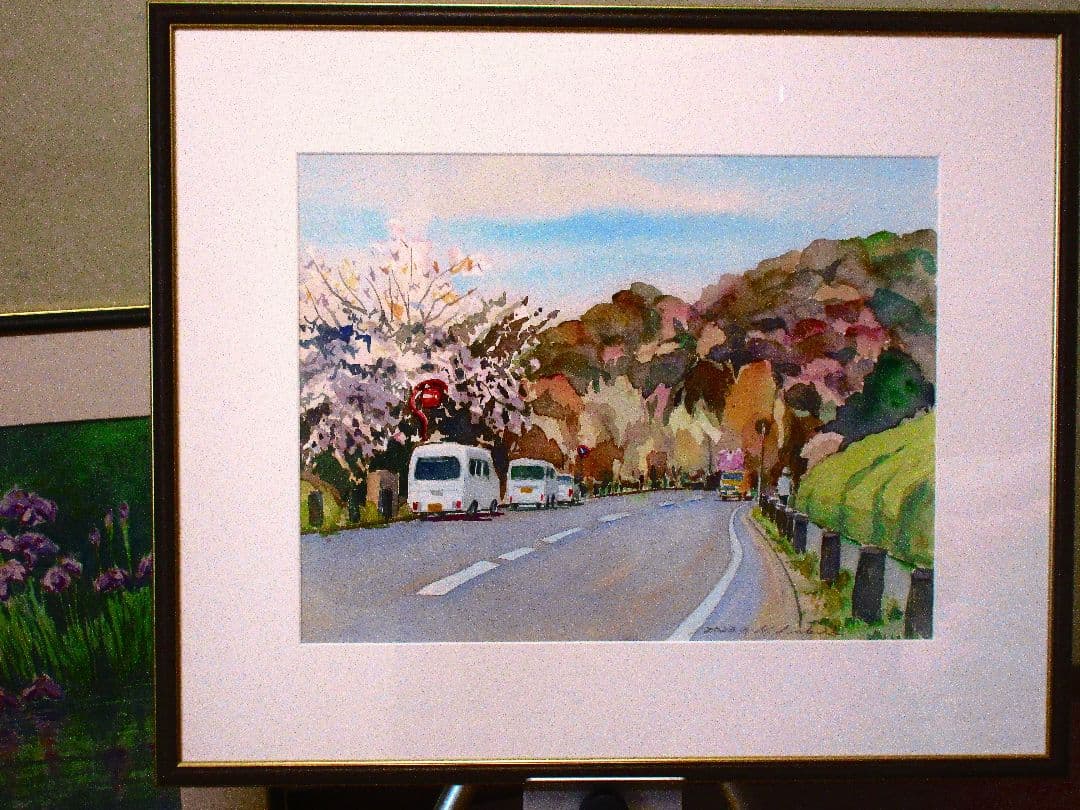 桜並木の道 水彩画 2023年額装済み(YRP公園)
