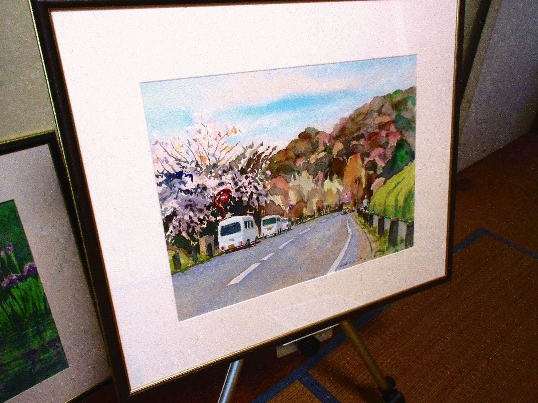 桜並木の道 水彩画 2023年額装済み(YRP公園)