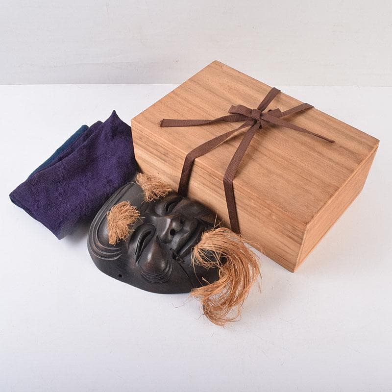 能面　能楽　雅楽　木彫　黒色尉　お面　在銘　時代箱　V　R8891