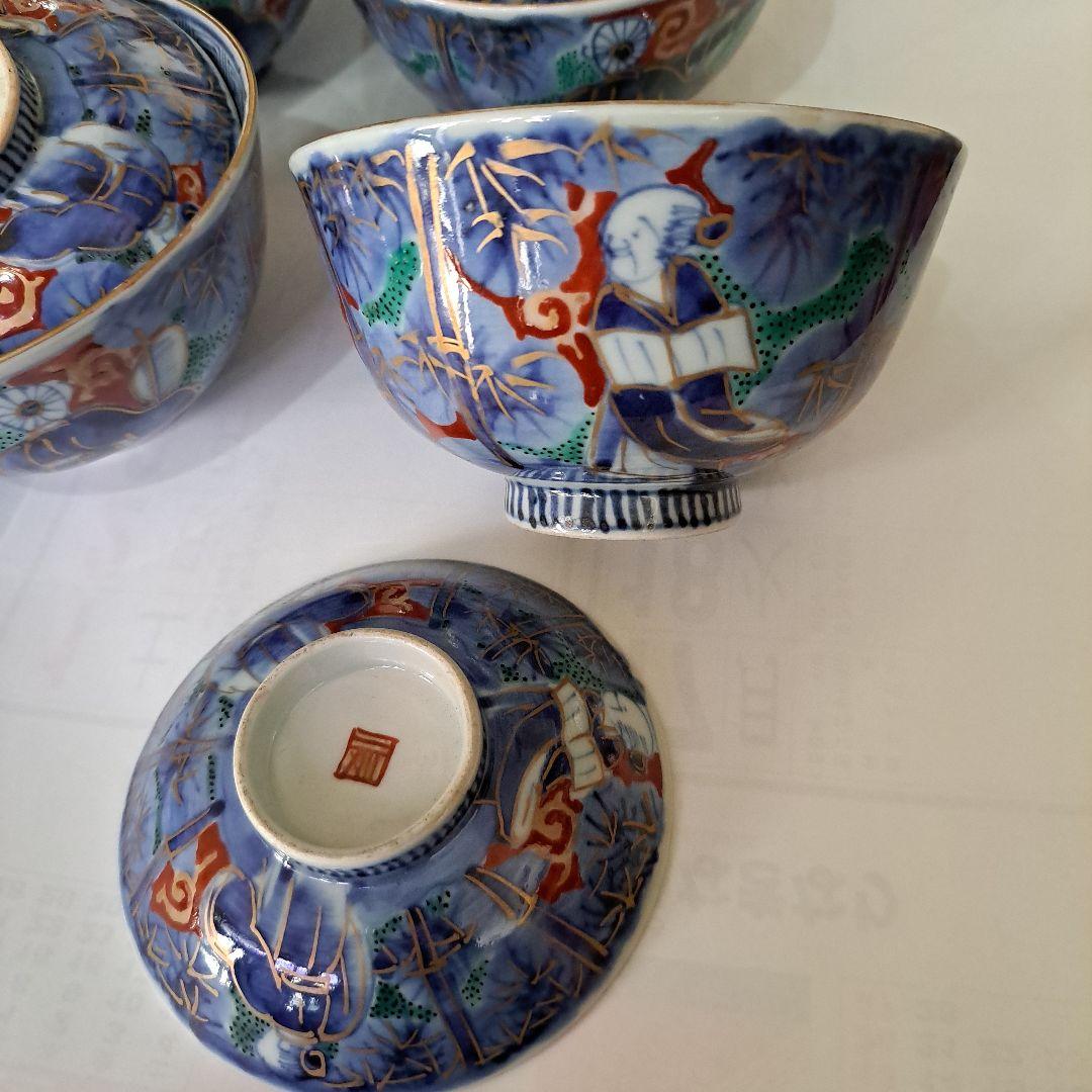 江戸中期　極上品　向付　蓋付　金彩赤絵　　竹林三賢人文　角福　五客セット