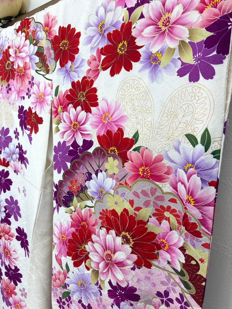 成人式　振袖フルセット　1139 白地　ピンク　紫花柄　正絹　振袖　格安！