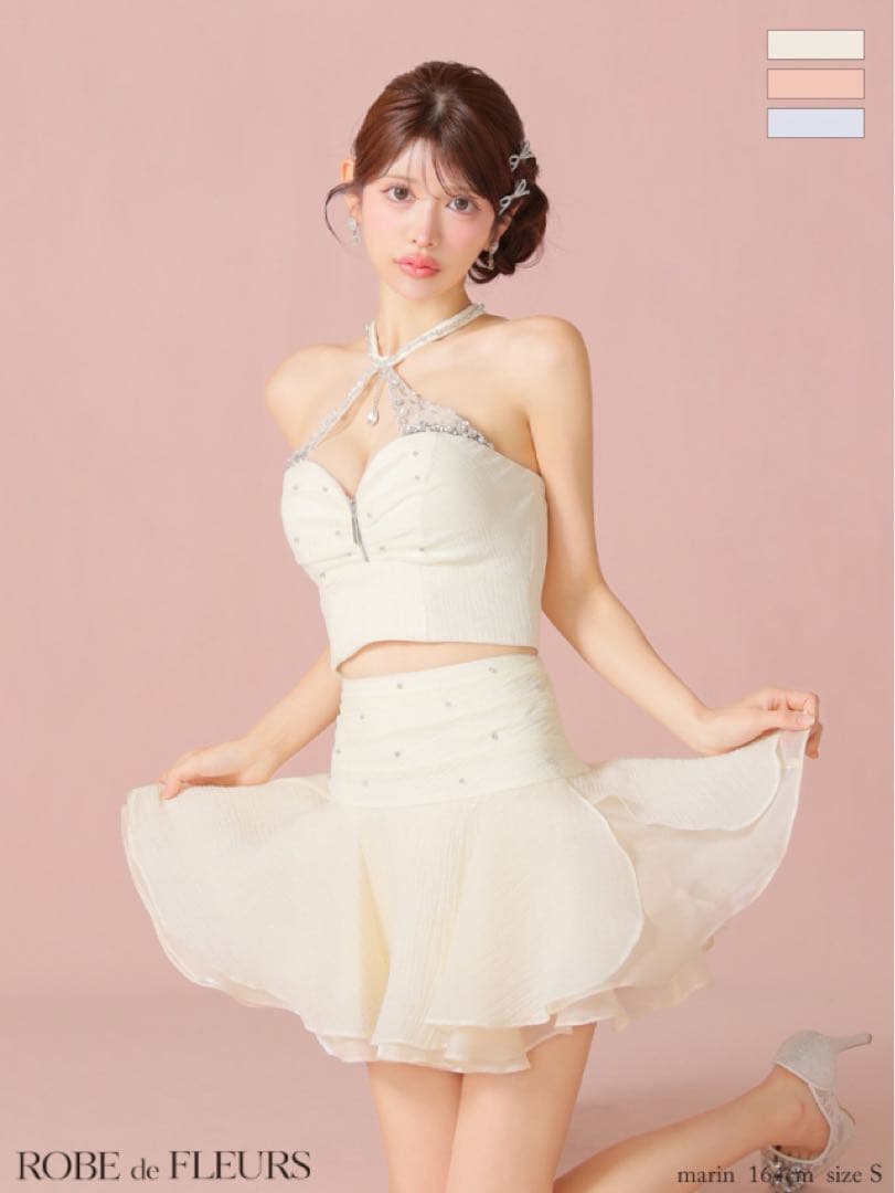 【完売品】ROBE de FLEURS ビジューホルターシフォンフレアミニ　S