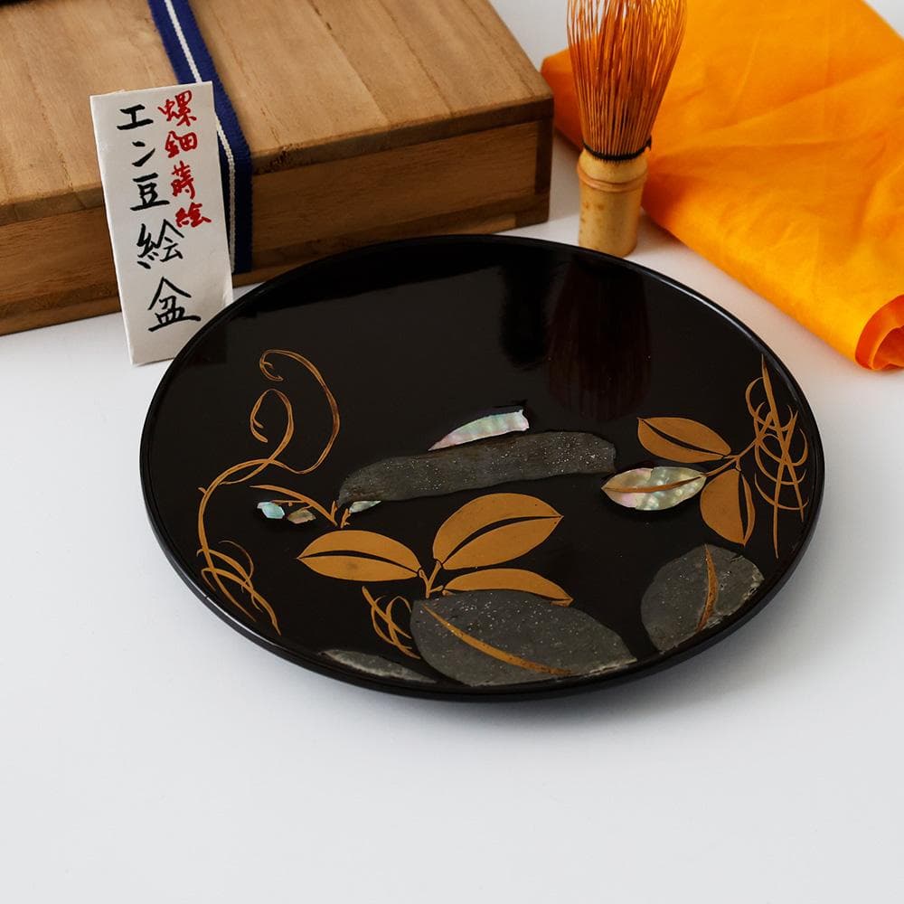 木製漆器 黒塗 螺鈿 エン豆 豌豆蒔絵皿 菓子皿 茶道具