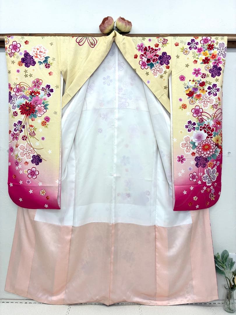 成人式　単品　1140 薄黄色&ピンク　正絹　振袖　格安！