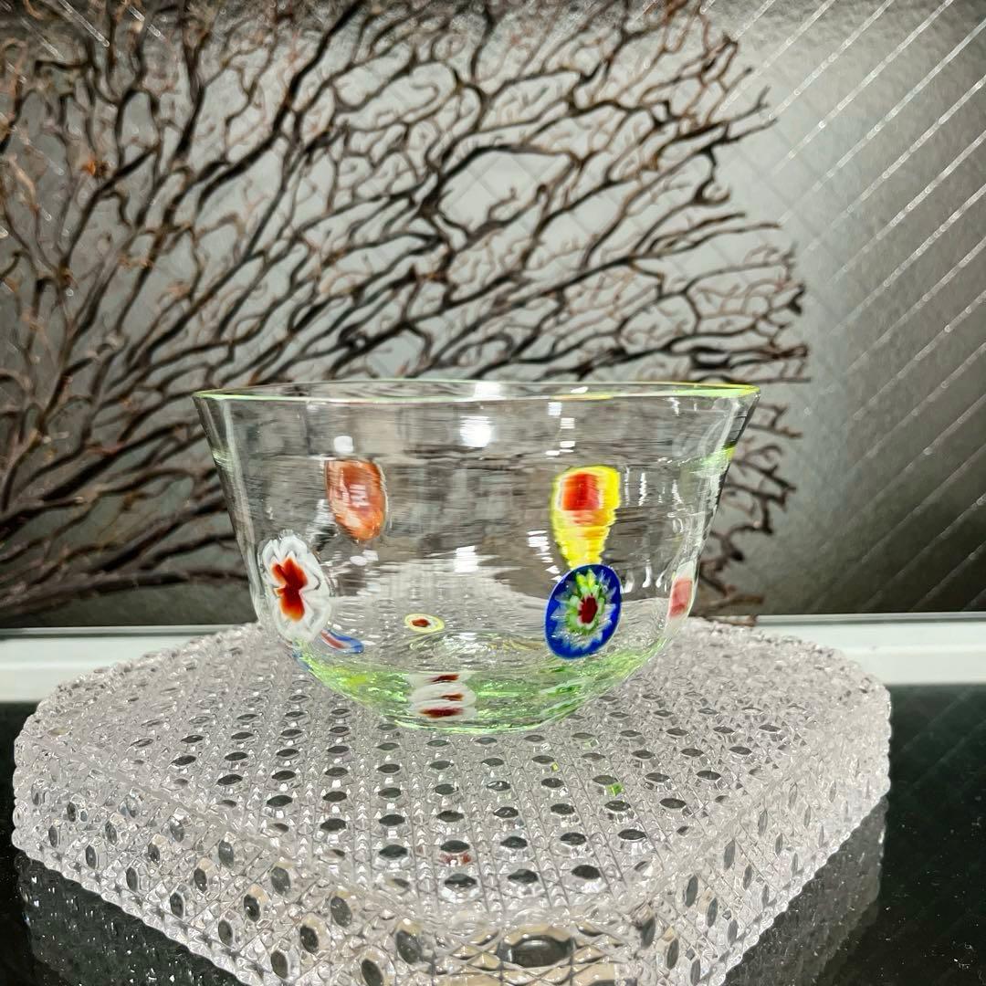 骨董　時代ガラス　超希少　花象嵌　反り口碗型　氷鉢　氷コップ　１客