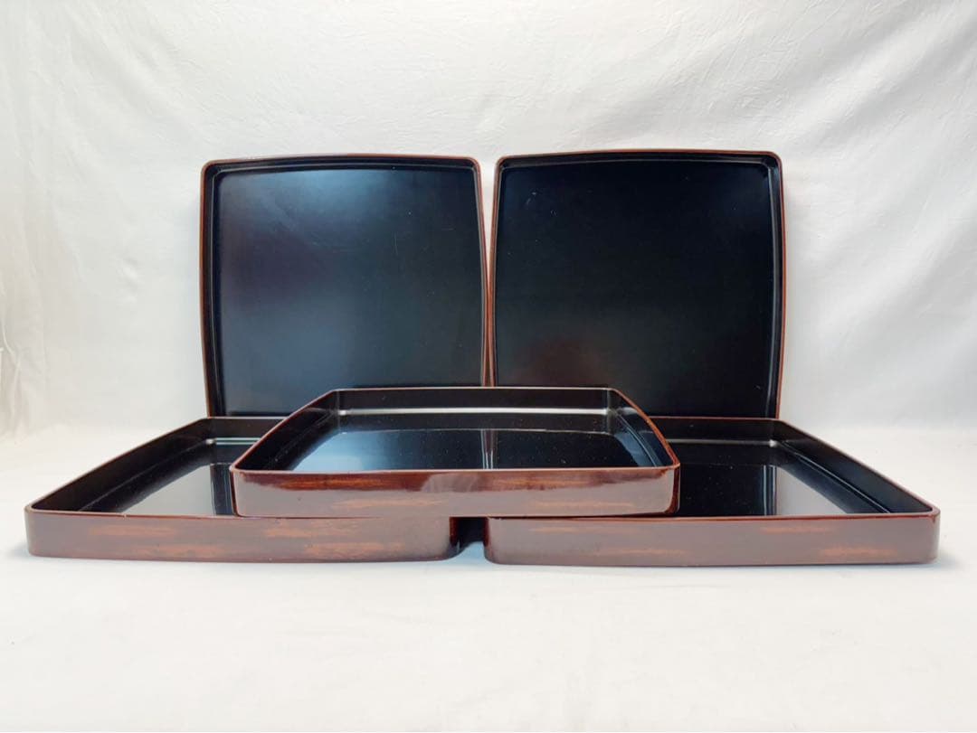 美品 懐石道具 木製 溜塗 四方膳 会席膳 十客組 宴会盆 銘々盆 平膳 箱無