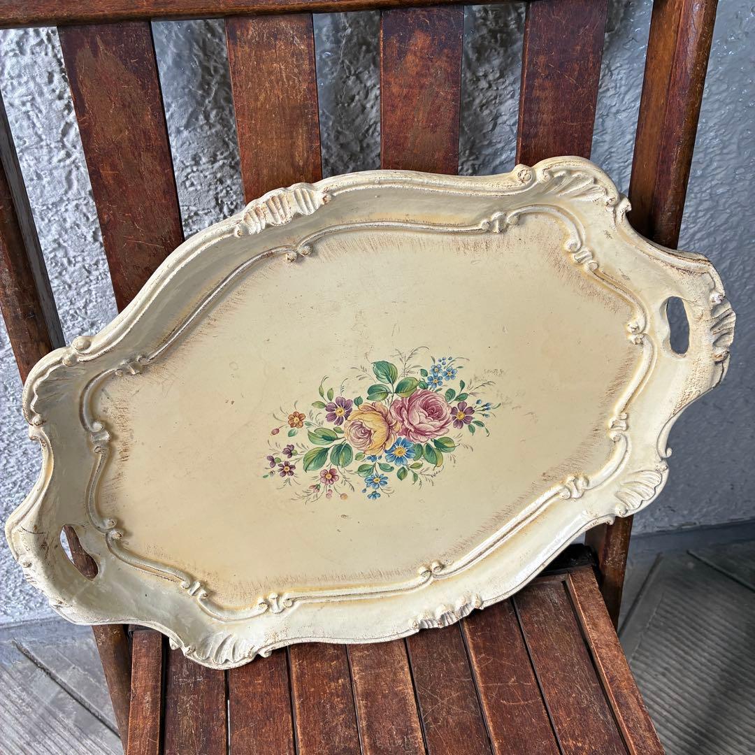 貴重！イタリア製アンティーク花柄トレイ　アールヌーボーITALYヴィンテージ雑貨