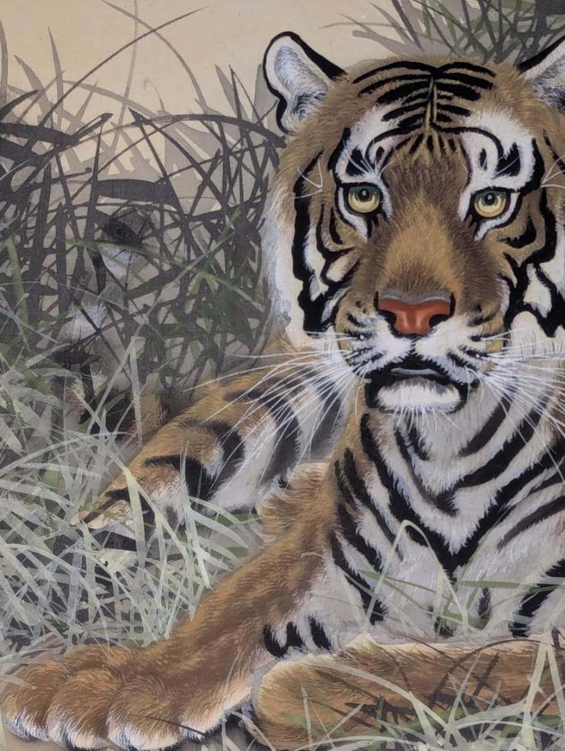【真作】絵画　日本画10号　威風堂々　草叢に憩う虎　精緻な筆致　Y133