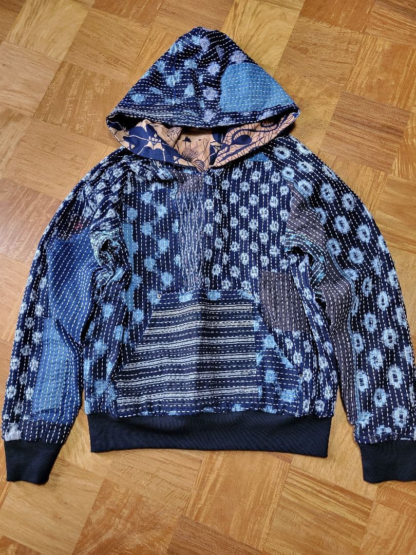 め0129古布リメイク木綿絣襤褸柿渋染め刺し子リバーシブルパ－カーハンドメイド