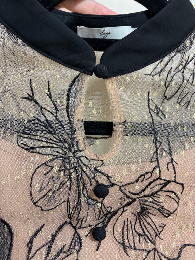 【美品】Leja 配色パイピングハイネック花柄ラメレースワンピースドレス