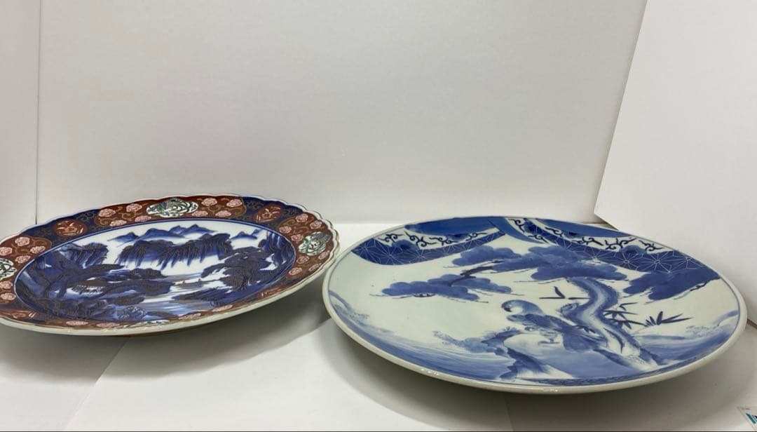 古伊万里　染錦　染付大皿4枚　美人画木箱付　タニコ　東さ7-0626⑥