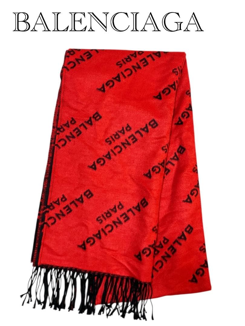 BALENCIAGA フリンジ マフラー 防寒具 レッド系×ブラック系