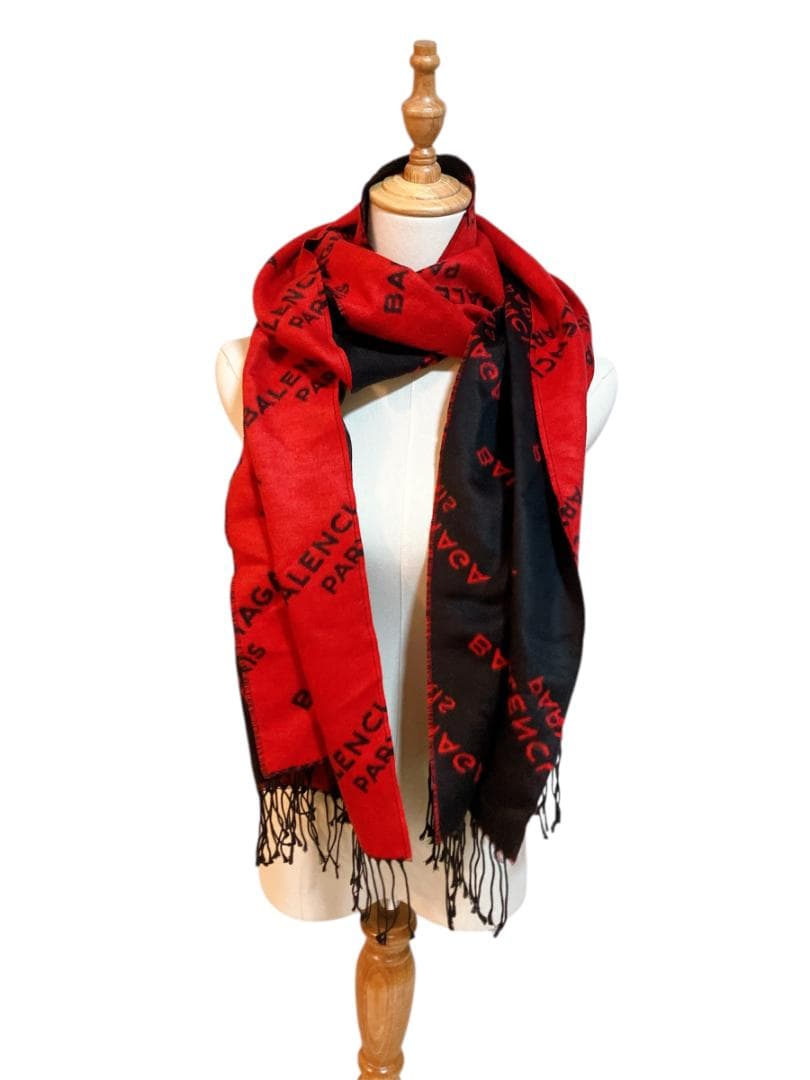 BALENCIAGA フリンジ マフラー 防寒具 レッド系×ブラック系