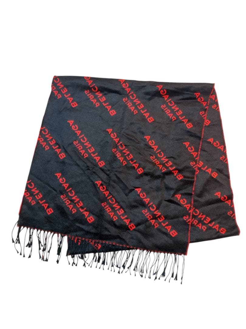 BALENCIAGA フリンジ マフラー 防寒具 レッド系×ブラック系
