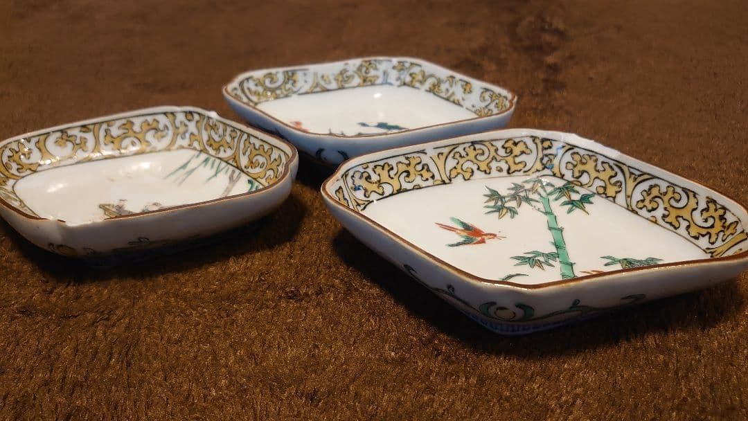 古九谷　九谷焼　色絵　菱形皿　蔵出し　３種　３客