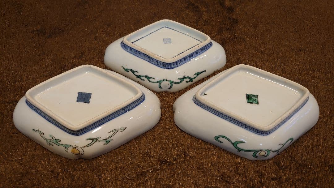 古九谷　九谷焼　色絵　菱形皿　蔵出し　３種　３客