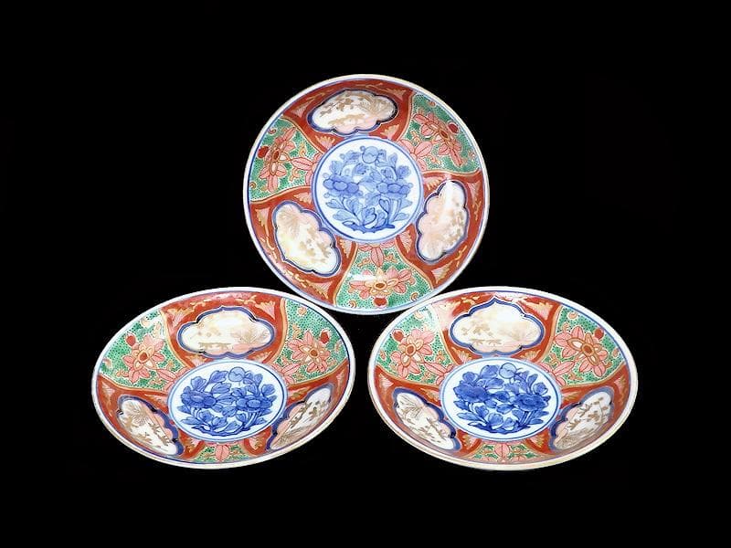 大聖寺伊万里　金襴手　窓絵　松竹梅に牡丹の図　４寸皿　３枚　D640AS-CEi