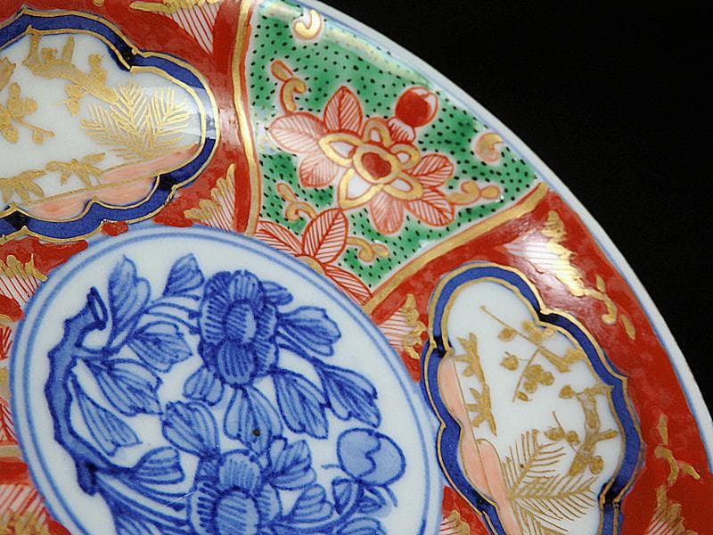 大聖寺伊万里　金襴手　窓絵　松竹梅に牡丹の図　４寸皿　３枚　D640AS-CEi