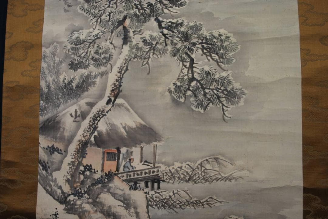 【真作】作者不詳/雪景観池図/掛軸☆宝船☆R‐112　JM