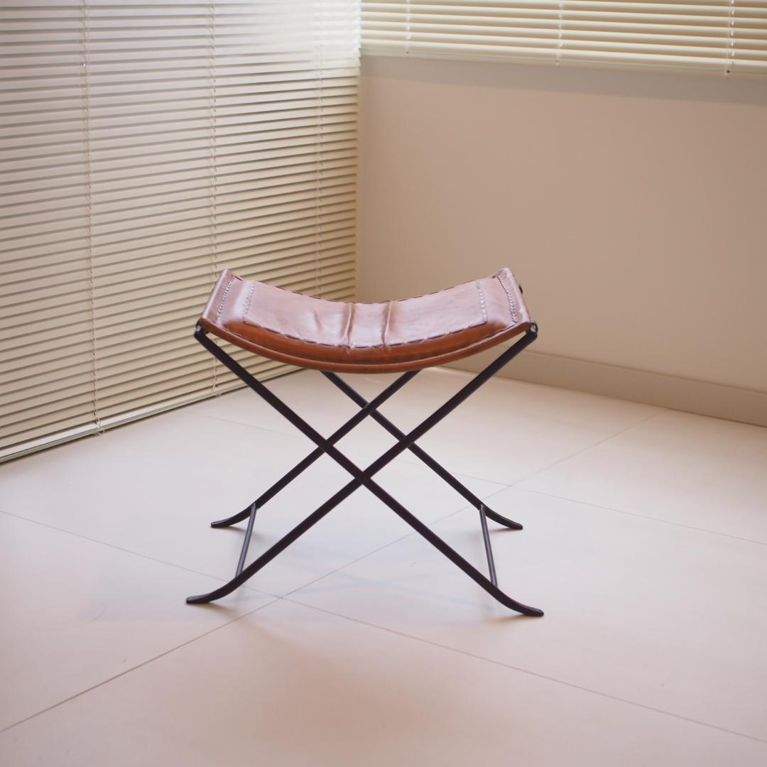 レザー折りたたみアイアンスツール 本革 山羊革