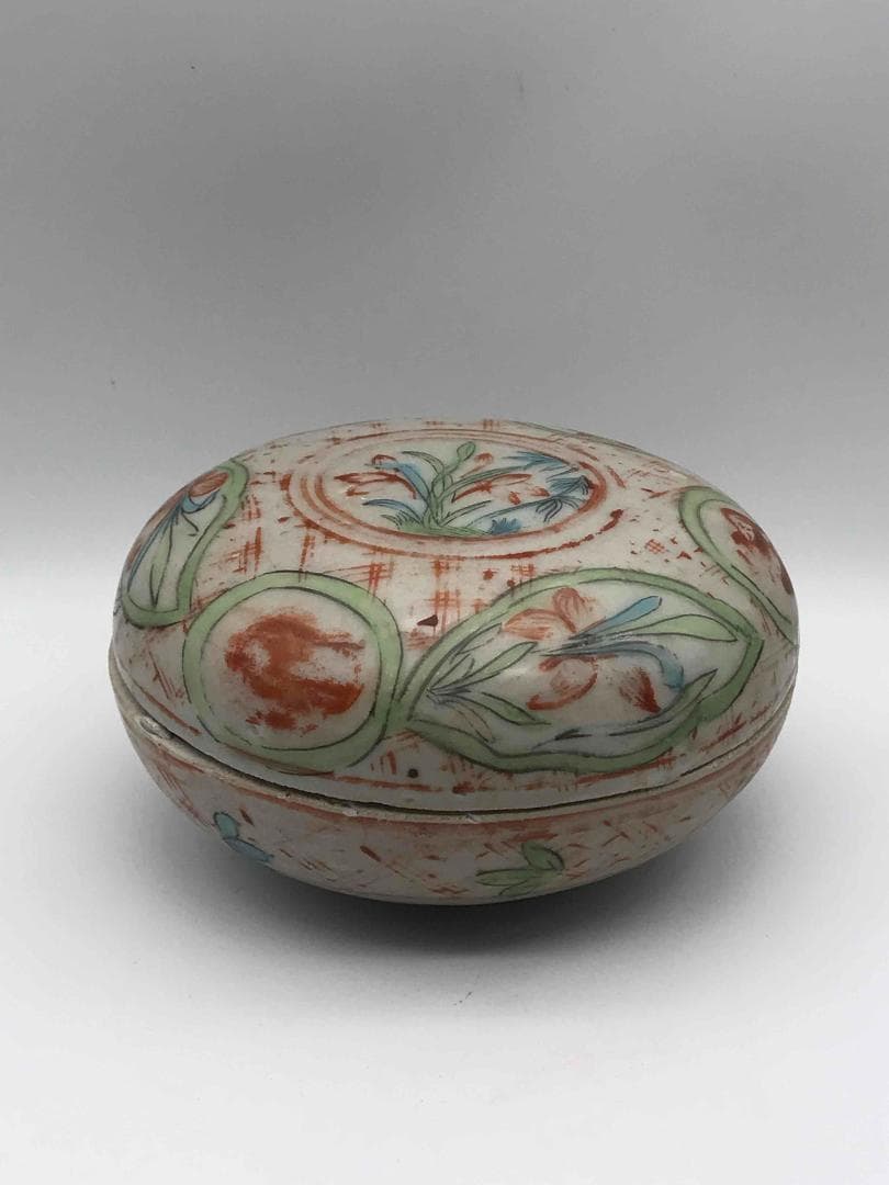 明時代　紅綠彩祥瑞蓮池花卉文　五彩印泥合子　香盒　香合　茶道具(C-37)