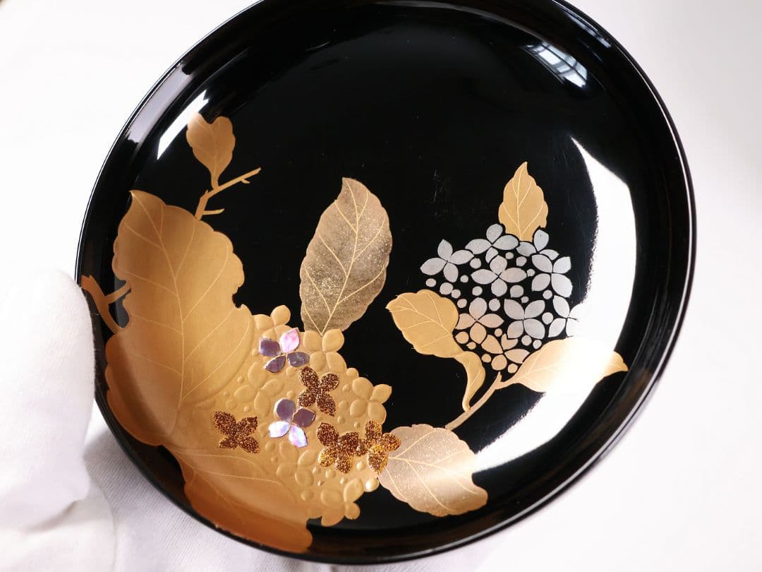 【MB188】天然木漆塗 紫陽花と葵 金蒔絵 螺鈿入 黒塗 煮物椀 二客 昭和期