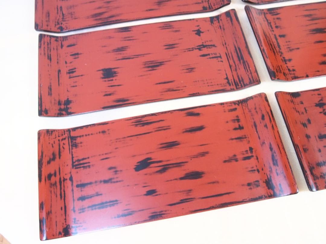 【良品】根来塗 金剛堅地請合 味のある角盆 6客 角皿/卓上膳/酒膳 漆器トレイ