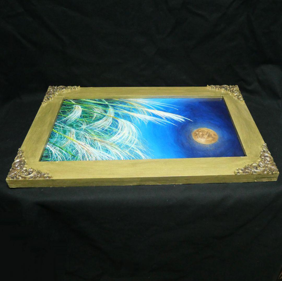 油絵 原画「十五夜の黄金の月」北欧 モダン アートパネル 額装 風景画 壁掛け