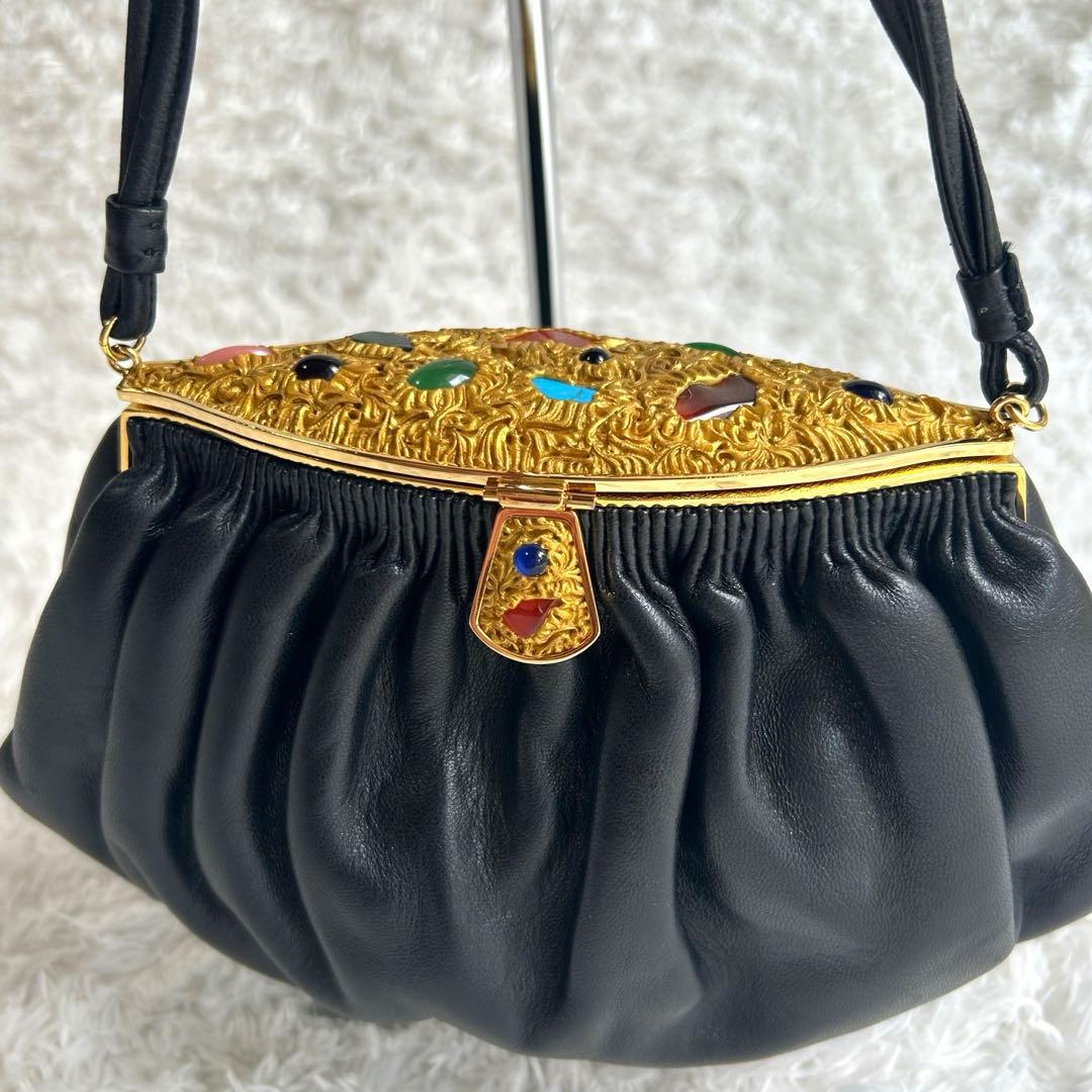 【美品】ハマノ ハンドバッグ サンピエトロ がま口 ビジュー ブラック　レザー