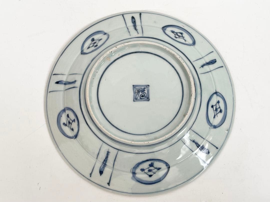 骨董　アンティーク　古伊万里　染付　芙蓉手　飛蝗図　七寸皿　箱付き　渦福