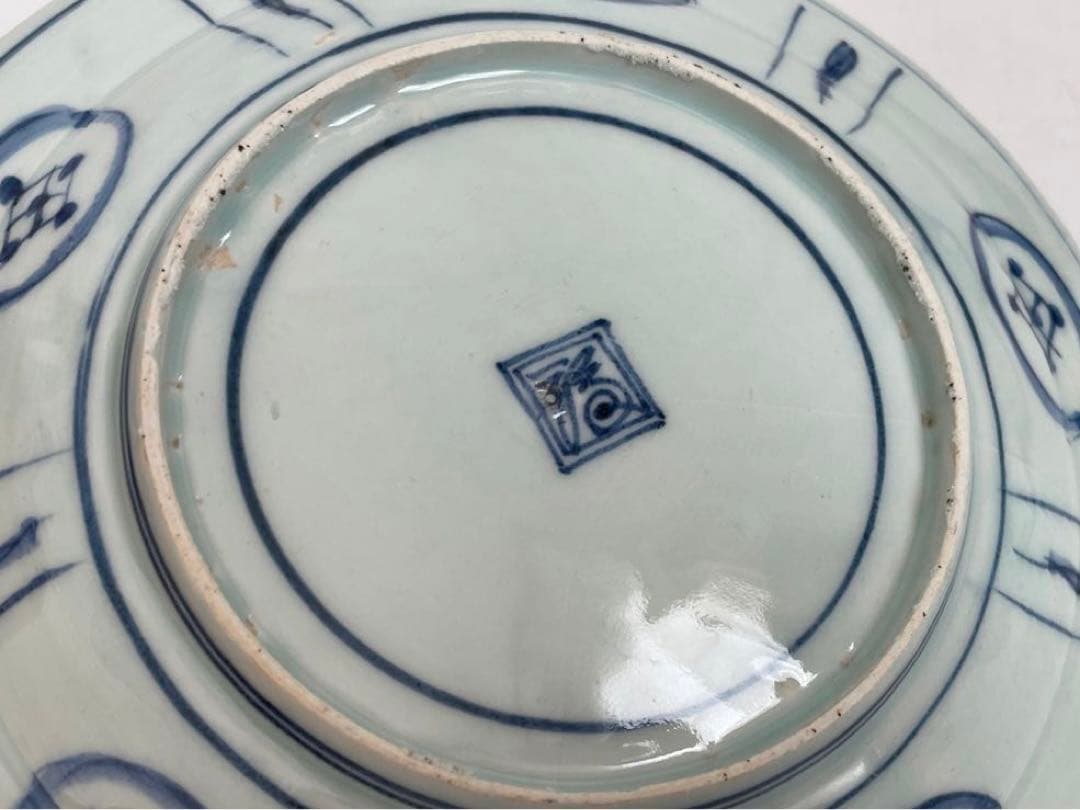 骨董　アンティーク　古伊万里　染付　芙蓉手　飛蝗図　七寸皿　箱付き　渦福