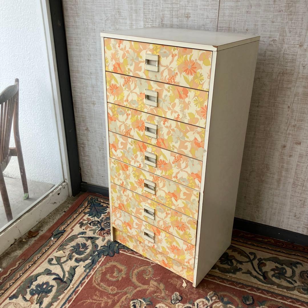 昭和レトロ 花柄 木製チェスト 7段タンス 古家具 ビンテージ ヴィンテージ 橙