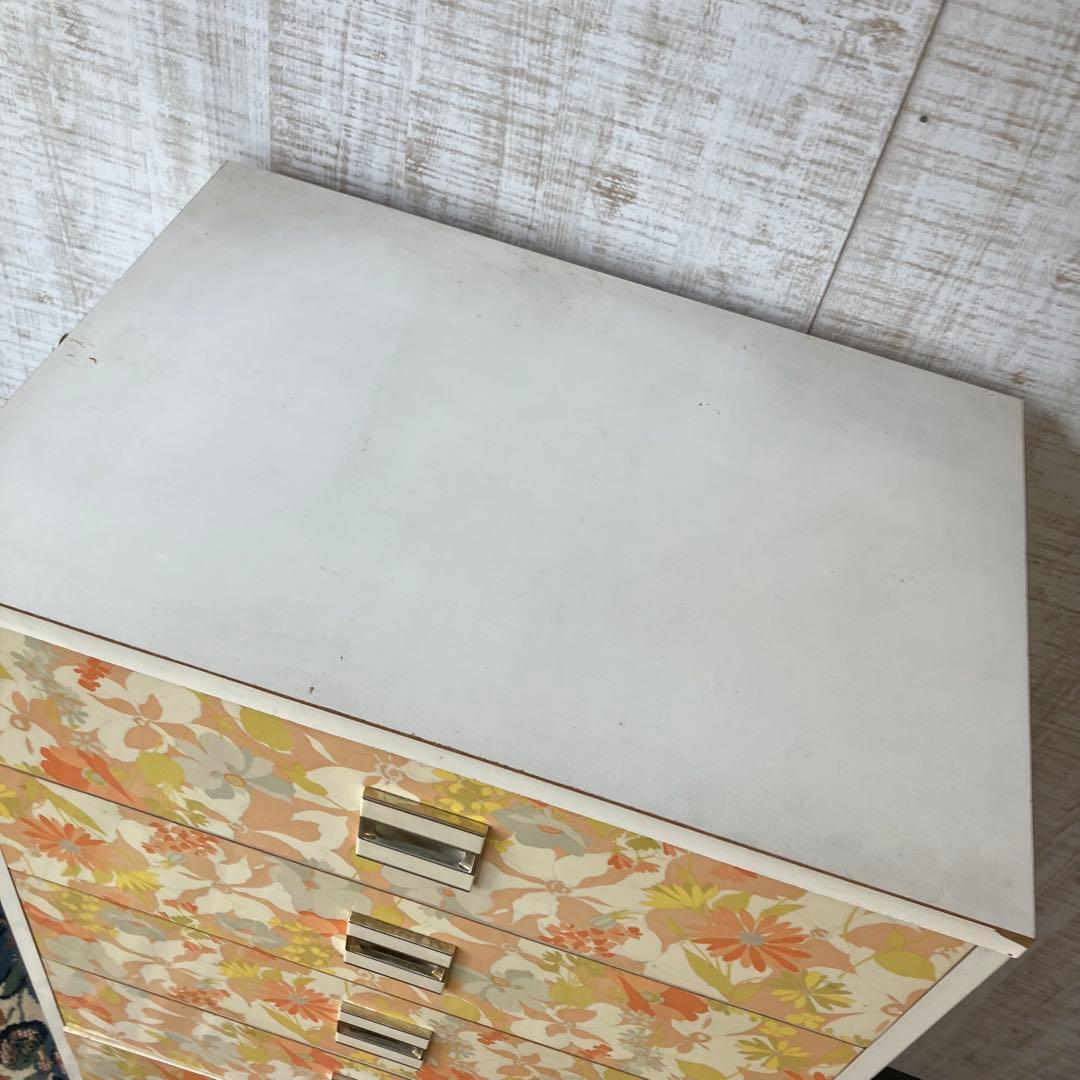 昭和レトロ 花柄 木製チェスト 7段タンス 古家具 ビンテージ ヴィンテージ 橙