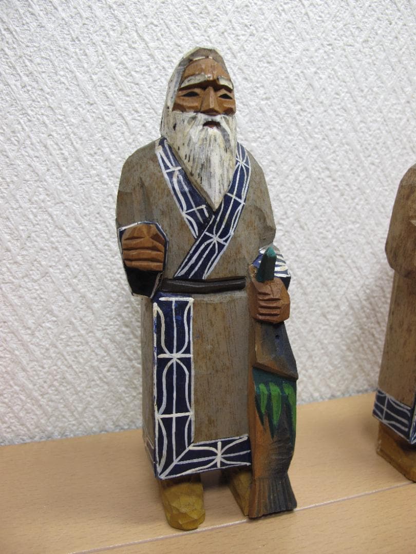 木彫り 農民美術 木端人形 アイヌ 夫婦 小熊 鮭　2体セット