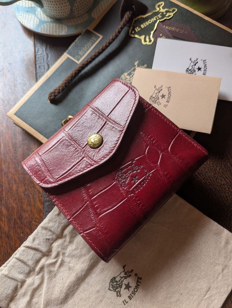 イルビゾンテ がま口【ボルドー×ヌメ】クロコ型押 バイカラー 美品 希少 男女兼