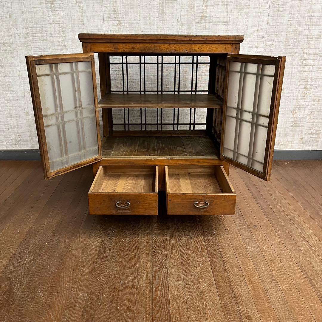 【アンティーク】昭和レトロ ガラス戸棚 食器棚 小引出し キャビネット 古家具