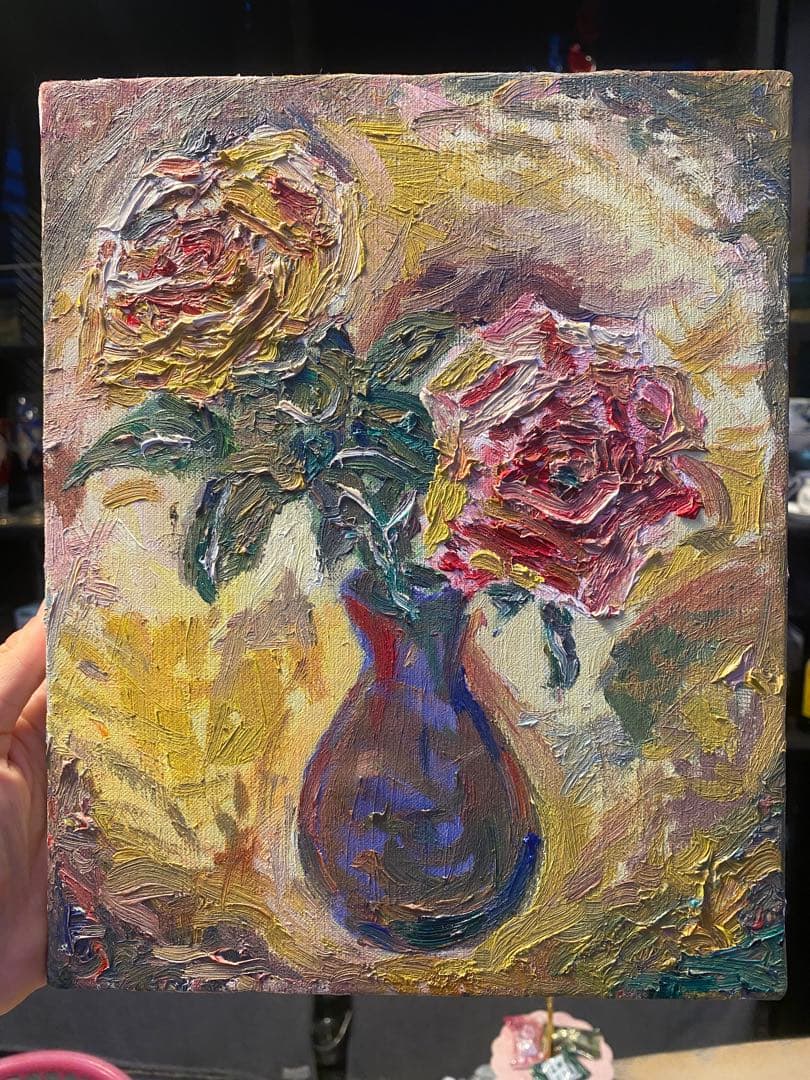 油彩画　【薔薇と花瓶】F3