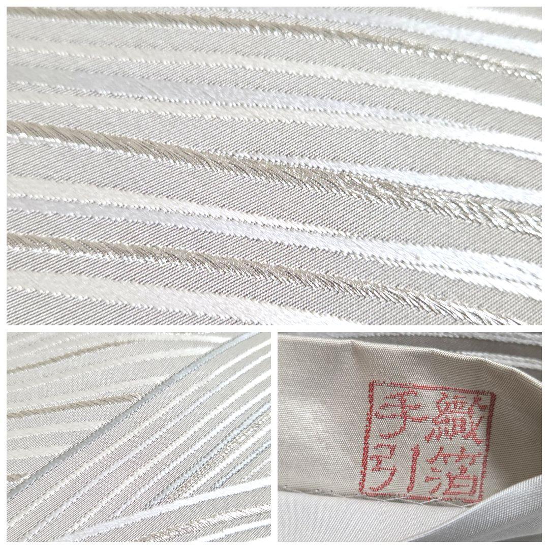 A◆着物くつろぎ 美品 ライン模様 手織 引箔 銀 六通 正絹 フォーマルな袋帯