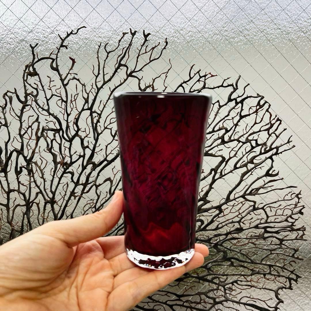 骨董　時代　希少金赤ガラス　モールガラス調　流線型ピルスナー　ビアグラス　ウラン