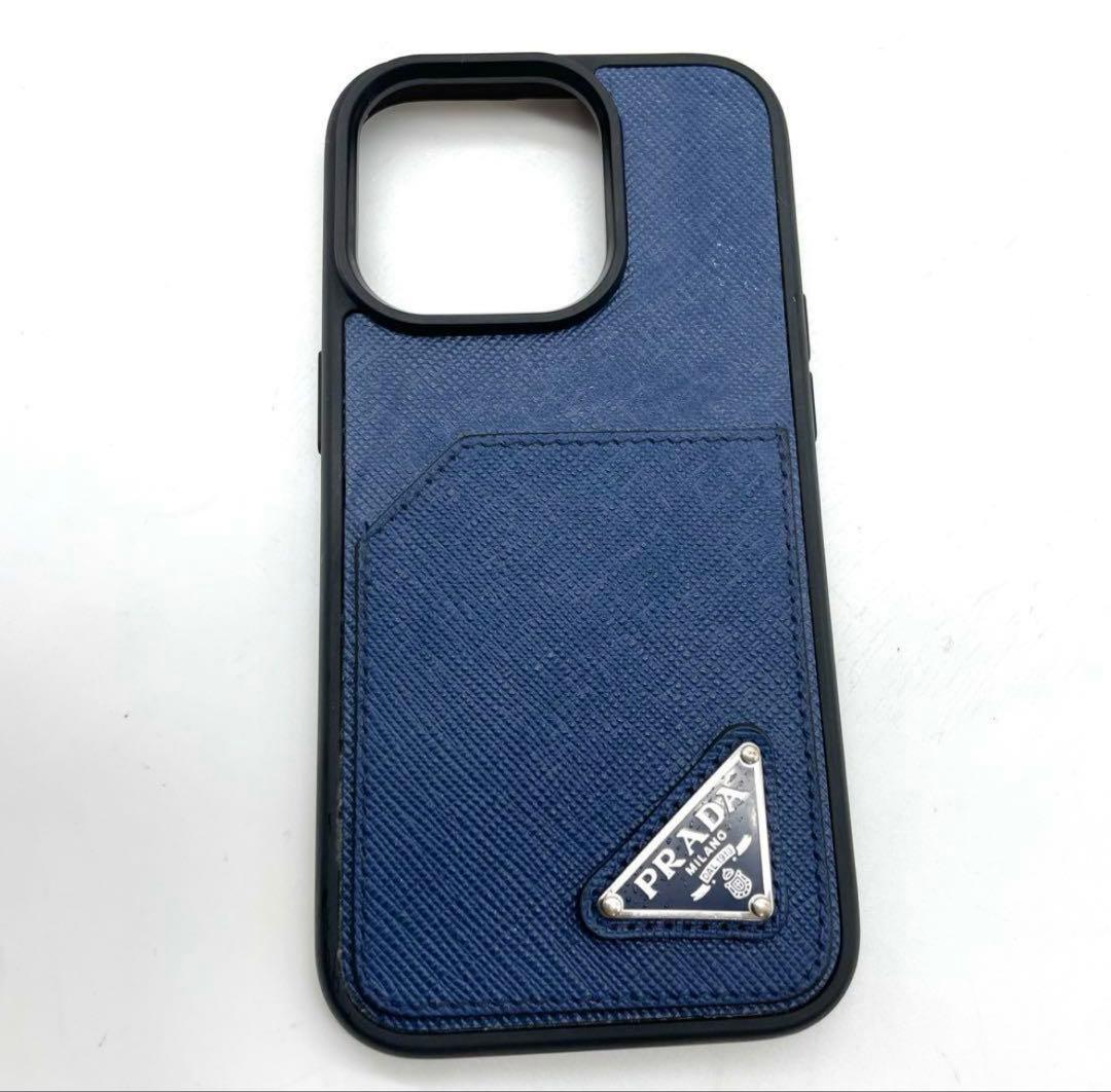 ✨プラダ iPhone14pro ケース 三角ロゴ レザー ブルー