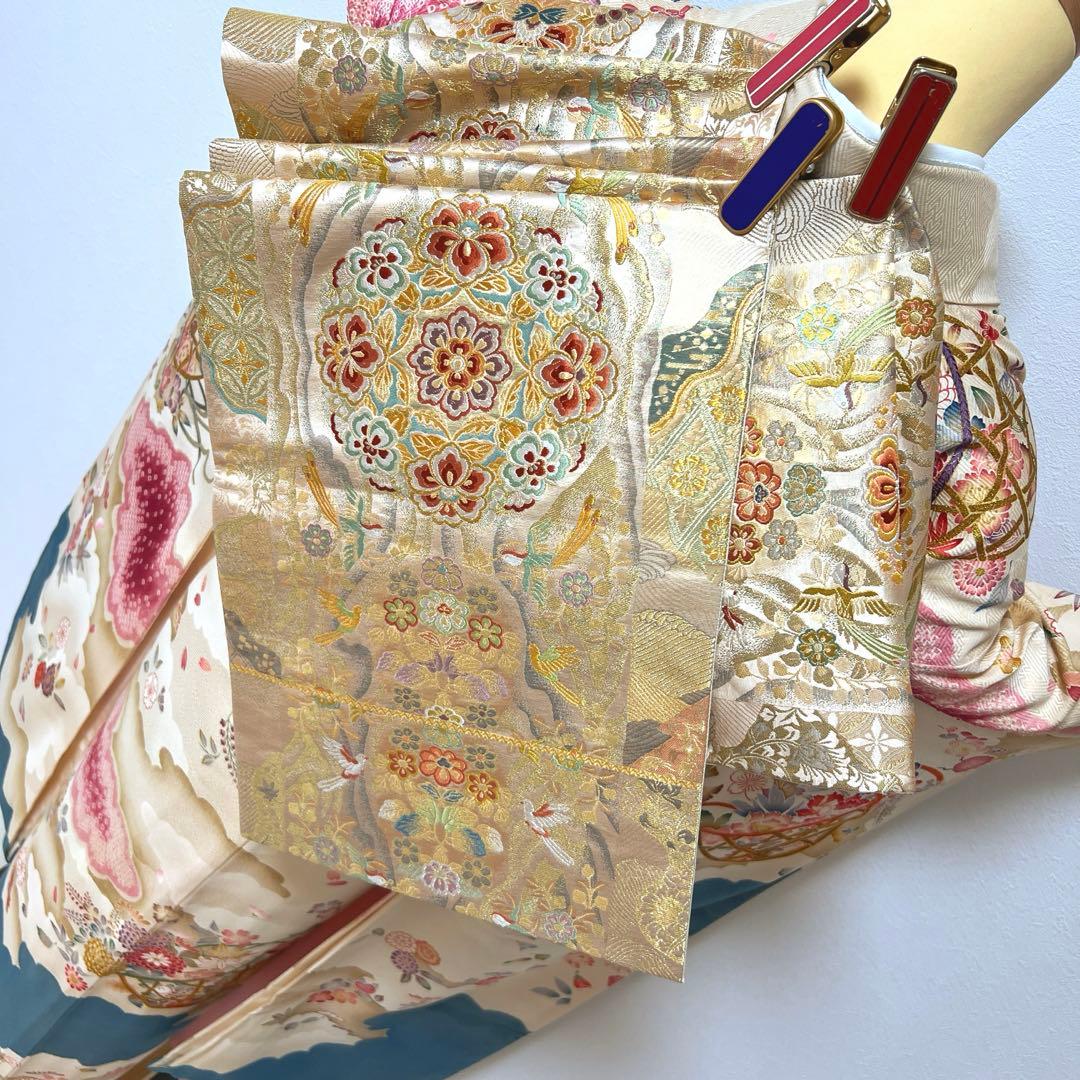 446 振袖フルセット 正絹 岩田専太郎 金彩 駒刺繍 絞り クリーム 青 紫